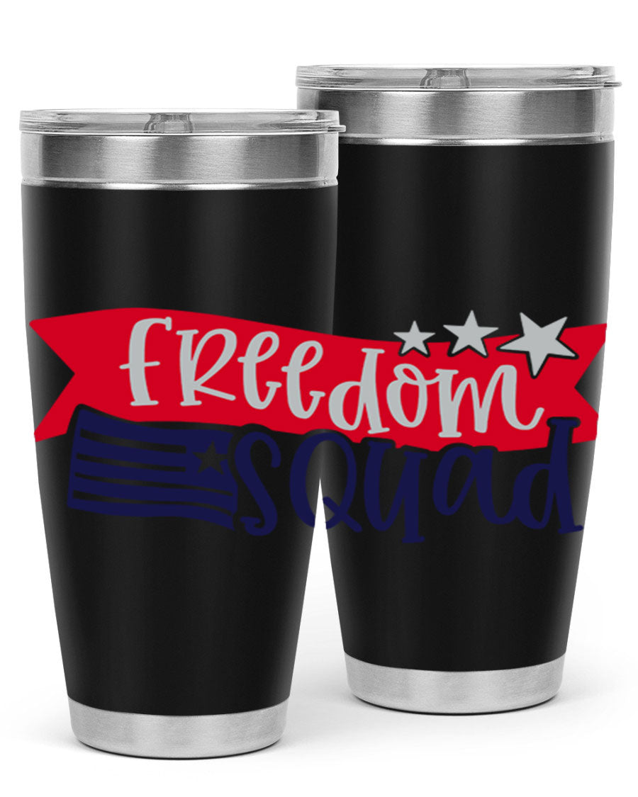 Freedom Squad Style 149# 20oz tumbler featuring a patriotic design, made from stainless steel with a drink-thru lid.
