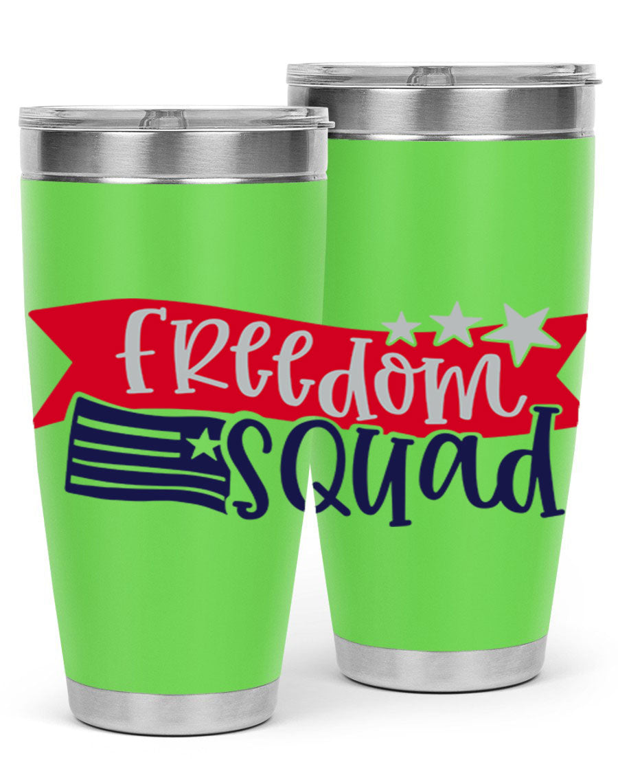 Freedom Squad Style 149# 20oz tumbler featuring a patriotic design, made from stainless steel with a drink-thru lid.