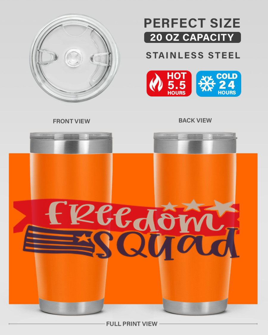 Freedom Squad Style 149# 20oz tumbler featuring a patriotic design, made from stainless steel with a drink-thru lid.