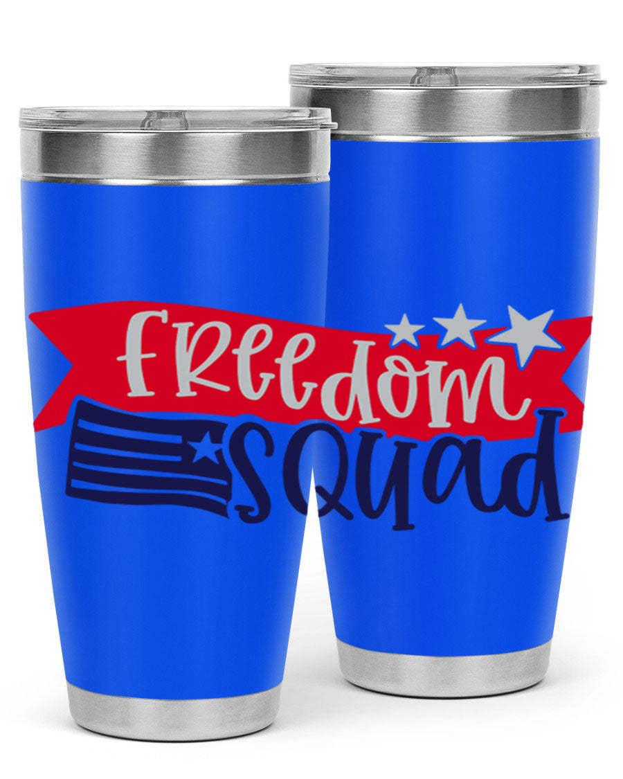 Freedom Squad Style 149# 20oz tumbler featuring a patriotic design, made from stainless steel with a drink-thru lid.
