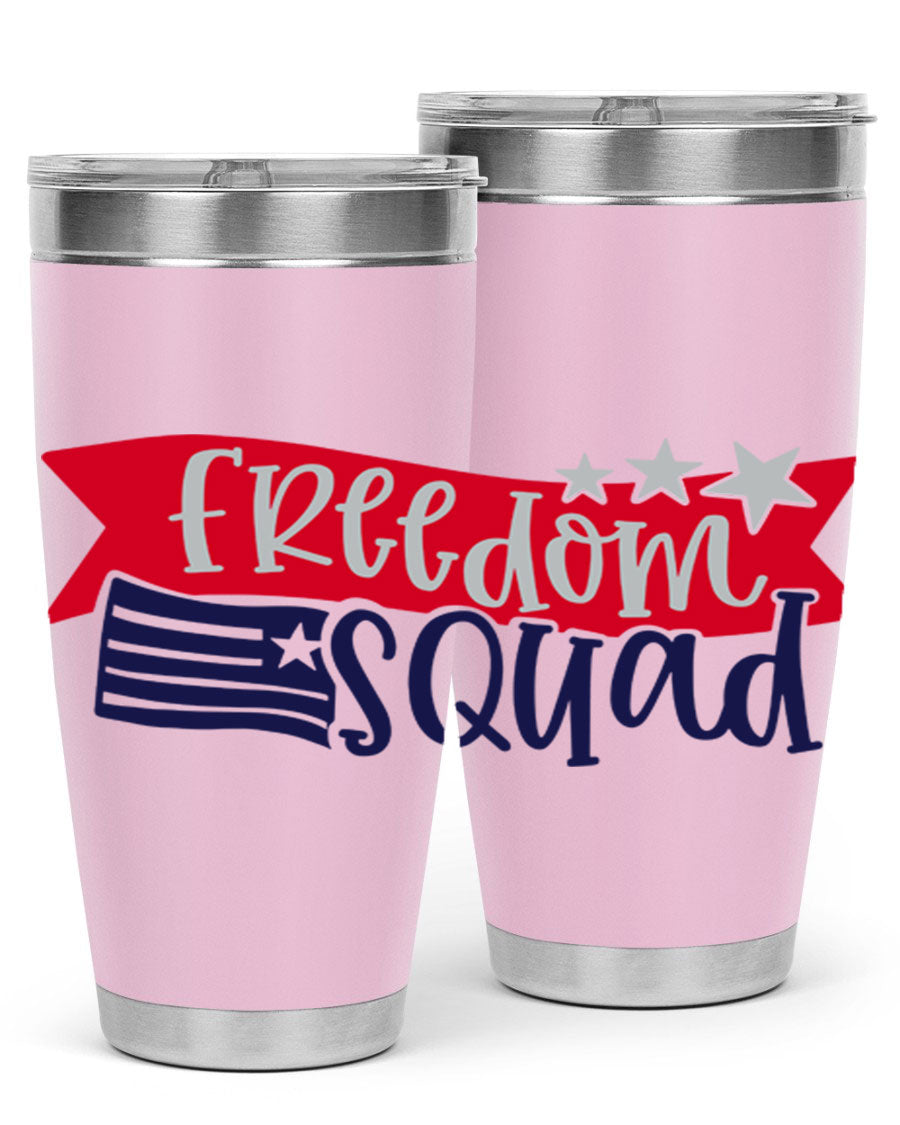 Freedom Squad Style 149# 20oz tumbler featuring a patriotic design, made from stainless steel with a drink-thru lid.