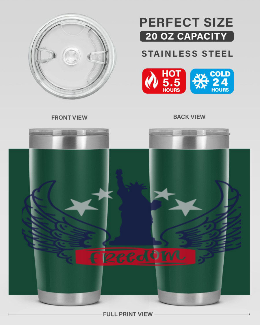 Freedom Style 150# Tumbler featuring a patriotic design, double wall vacuum insulation, and a press-in lid, perfect for hot and cold beverages.