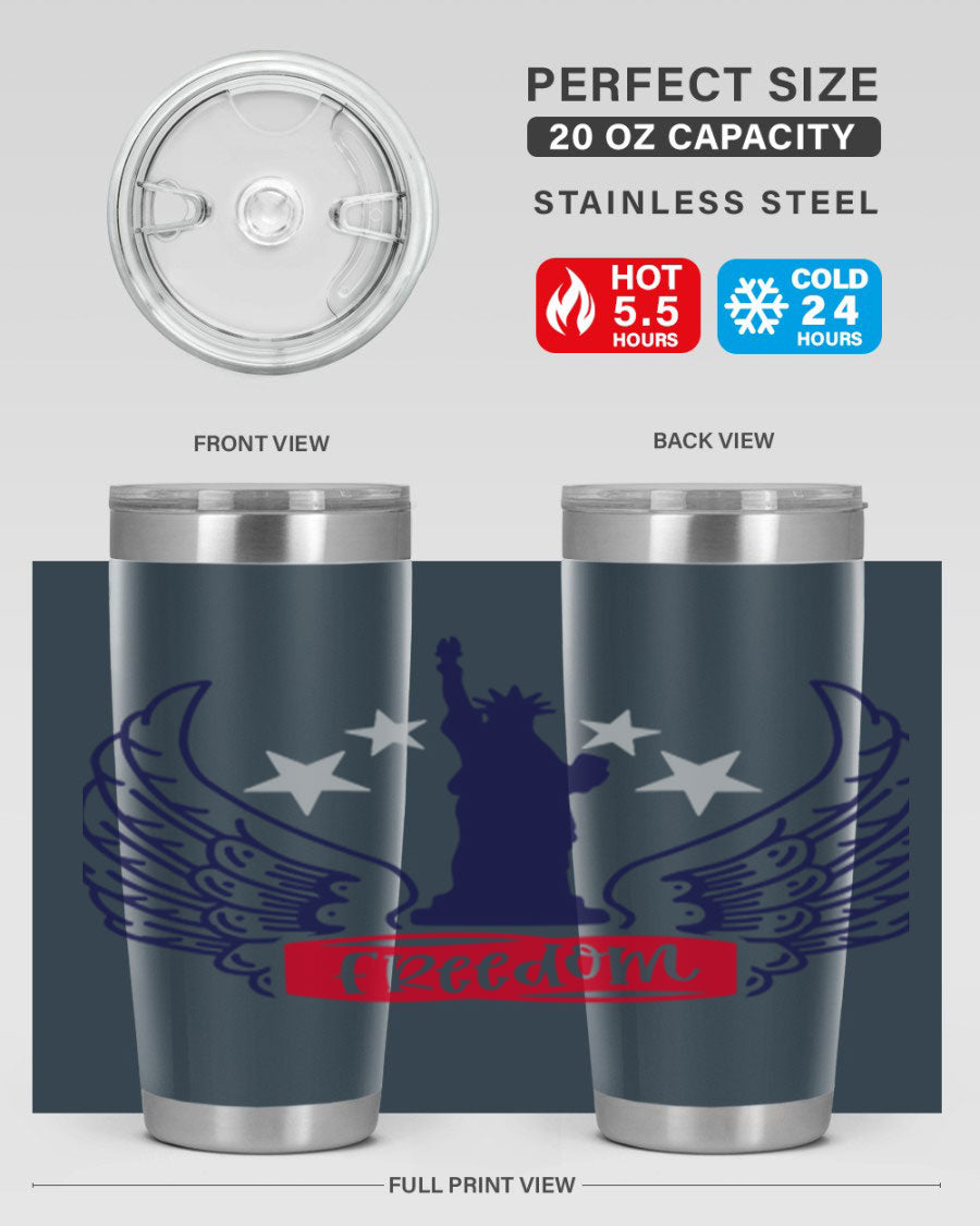Freedom Style 150# Tumbler featuring a patriotic design, double wall vacuum insulation, and a press-in lid, perfect for hot and cold beverages.