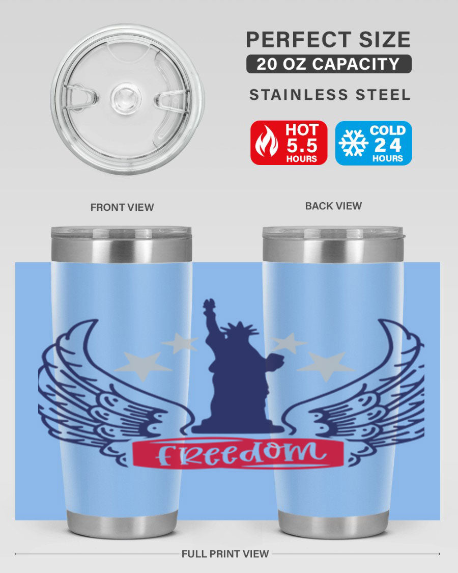 Freedom Style 150# Tumbler featuring a patriotic design, double wall vacuum insulation, and a press-in lid, perfect for hot and cold beverages.