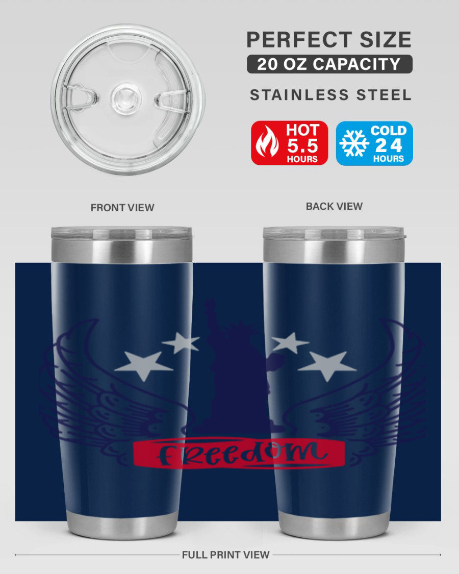 Freedom Style 150# Tumbler featuring a patriotic design, double wall vacuum insulation, and a press-in lid, perfect for hot and cold beverages.
