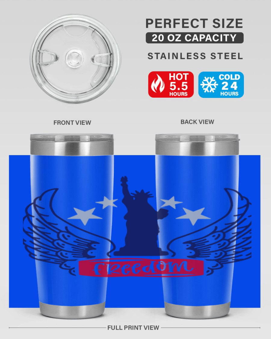 Freedom Style 150# Tumbler featuring a patriotic design, double wall vacuum insulation, and a press-in lid, perfect for hot and cold beverages.
