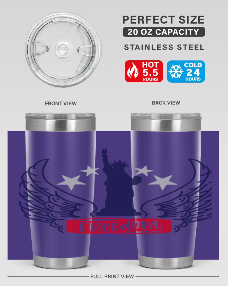 Freedom Style 150# Tumbler featuring a patriotic design, double wall vacuum insulation, and a press-in lid, perfect for hot and cold beverages.
