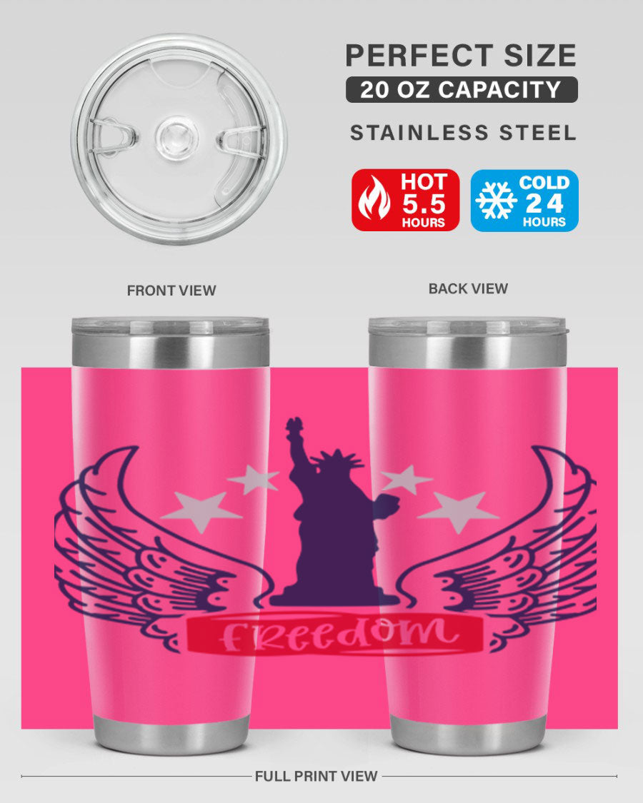 Freedom Style 150# Tumbler featuring a patriotic design, double wall vacuum insulation, and a press-in lid, perfect for hot and cold beverages.