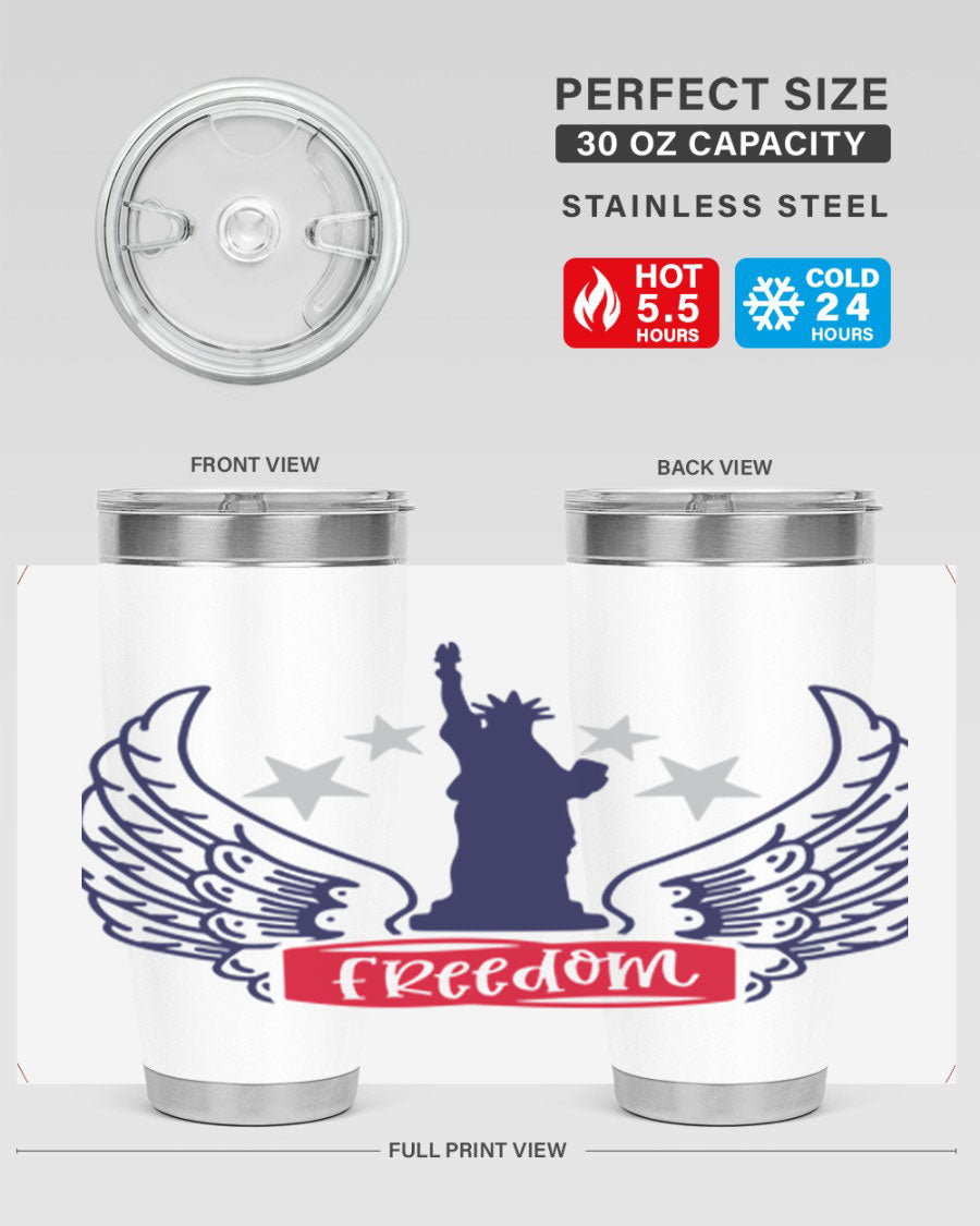 Freedom Style 150# Tumbler featuring a patriotic design, double wall vacuum insulation, and a press-in lid, perfect for hot and cold beverages.