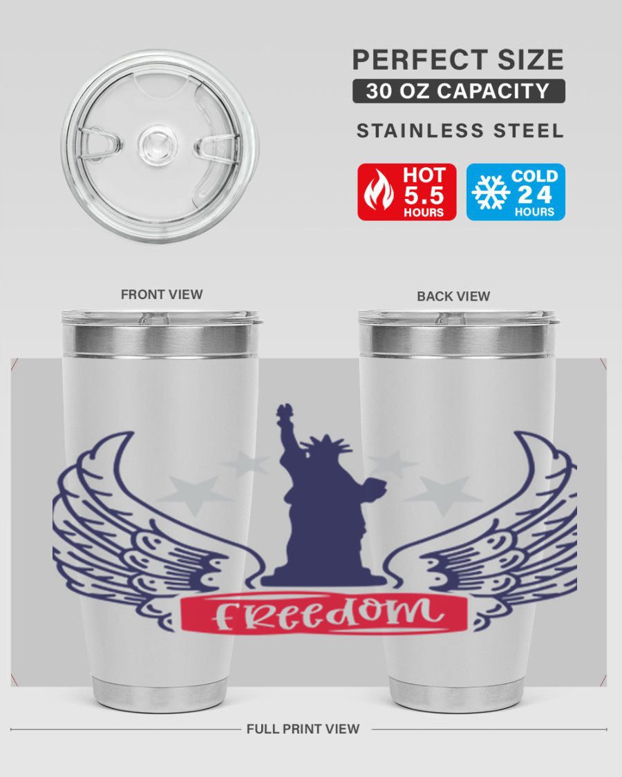 Freedom Style 150# Tumbler featuring a patriotic design, double wall vacuum insulation, and a press-in lid, perfect for hot and cold beverages.
