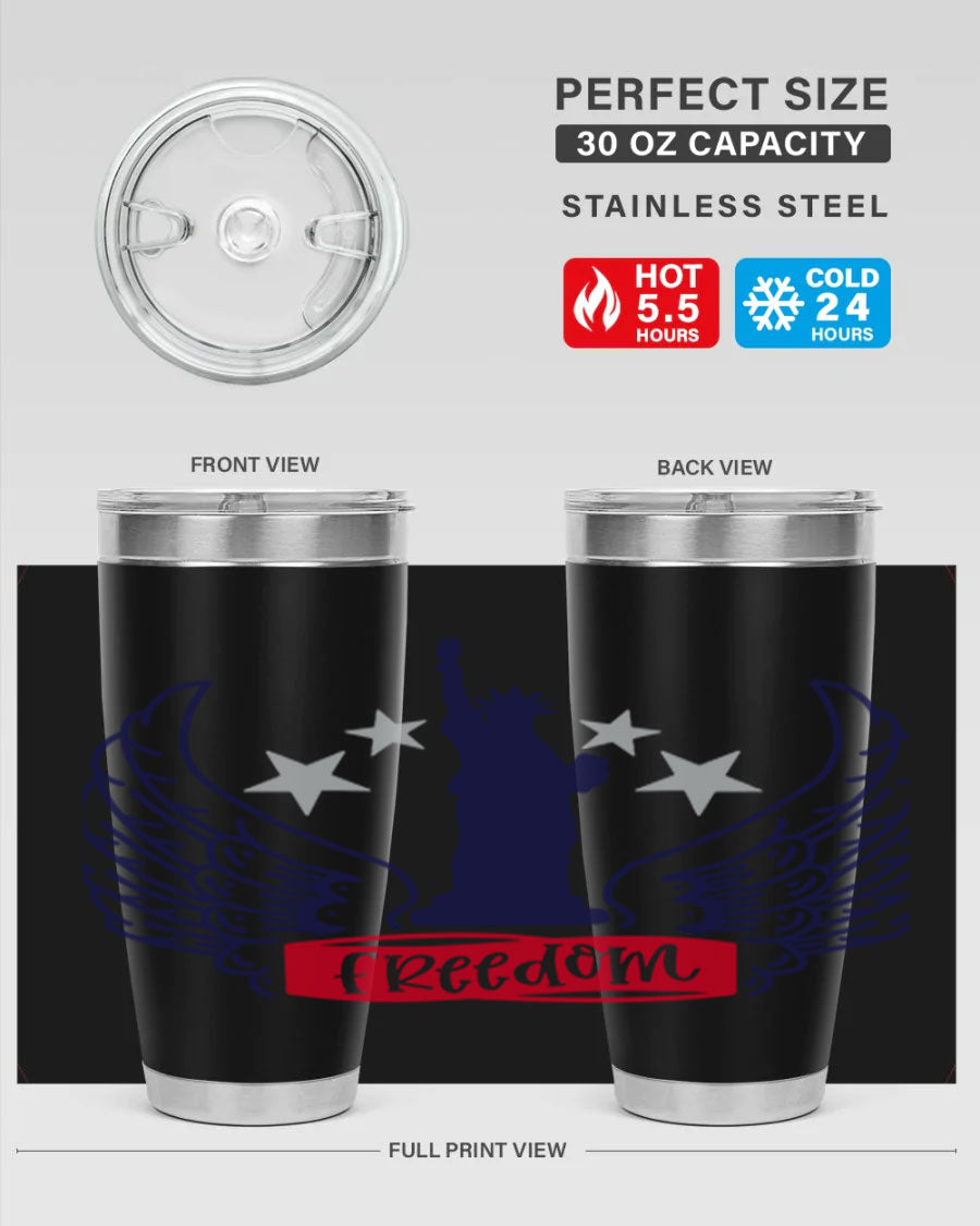 Freedom Style 150# Tumbler featuring a patriotic design, double wall vacuum insulation, and a press-in lid, perfect for hot and cold beverages.