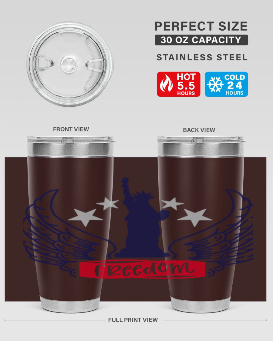 Freedom Style 150# Tumbler featuring a patriotic design, double wall vacuum insulation, and a press-in lid, perfect for hot and cold beverages.