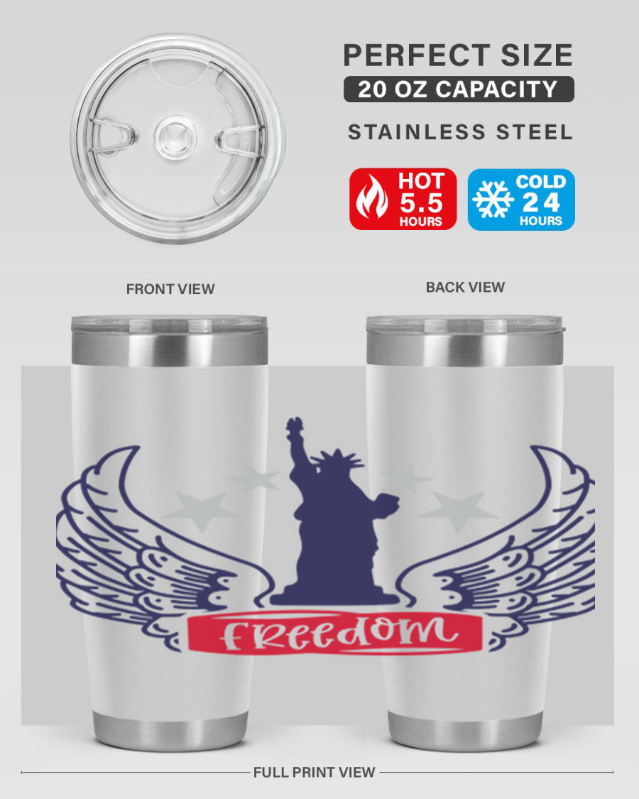 Freedom Style 150# Tumbler featuring a patriotic design, double wall vacuum insulation, and a press-in lid, perfect for hot and cold beverages.