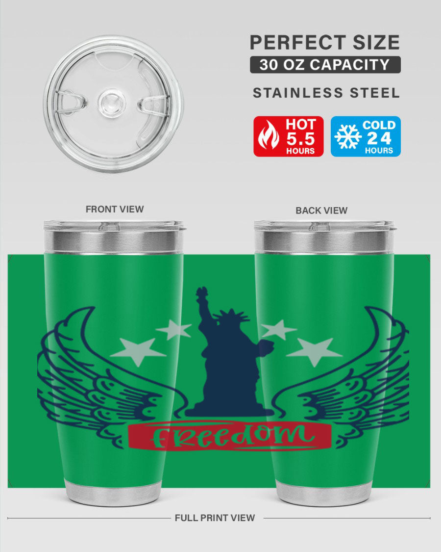 Freedom Style 150# Tumbler featuring a patriotic design, double wall vacuum insulation, and a press-in lid, perfect for hot and cold beverages.