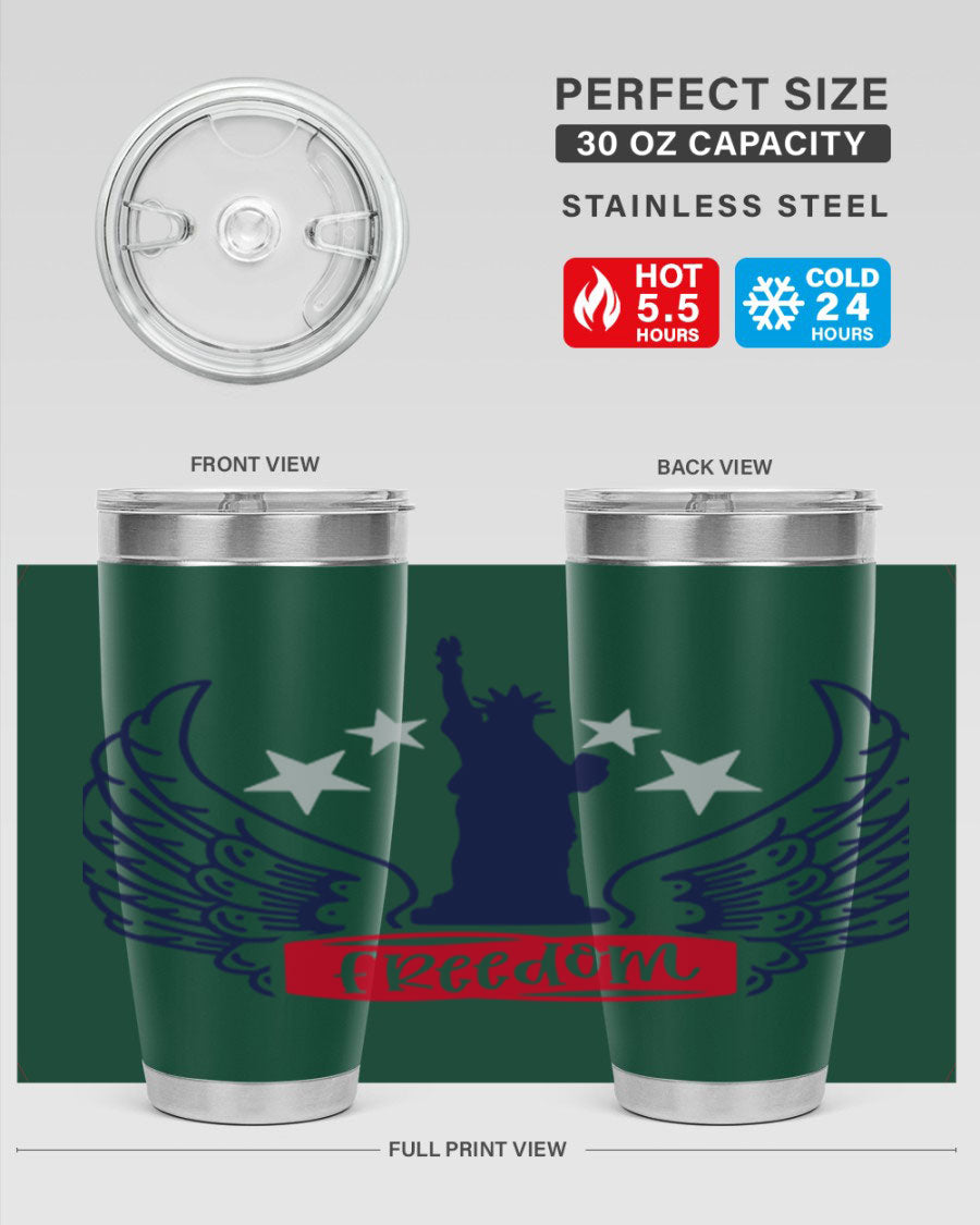 Freedom Style 150# Tumbler featuring a patriotic design, double wall vacuum insulation, and a press-in lid, perfect for hot and cold beverages.