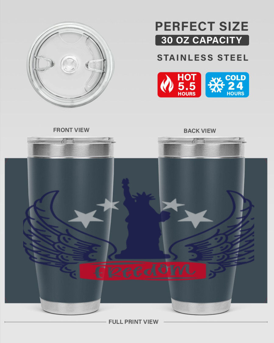 Freedom Style 150# Tumbler featuring a patriotic design, double wall vacuum insulation, and a press-in lid, perfect for hot and cold beverages.