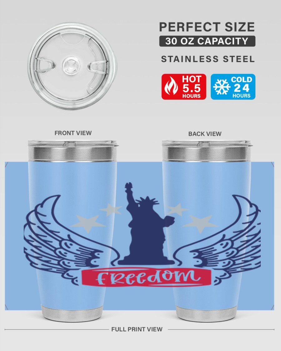 Freedom Style 150# Tumbler featuring a patriotic design, double wall vacuum insulation, and a press-in lid, perfect for hot and cold beverages.
