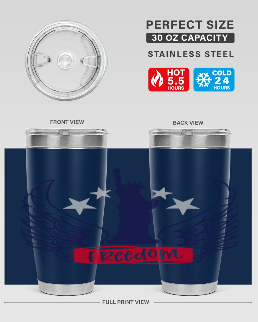 Freedom Style 150# Tumbler featuring a patriotic design, double wall vacuum insulation, and a press-in lid, perfect for hot and cold beverages.