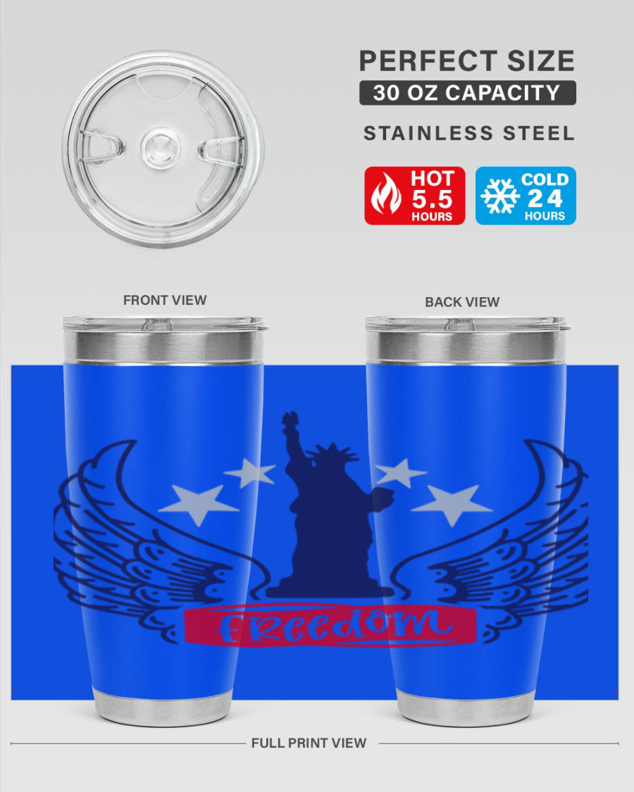 Freedom Style 150# Tumbler featuring a patriotic design, double wall vacuum insulation, and a press-in lid, perfect for hot and cold beverages.