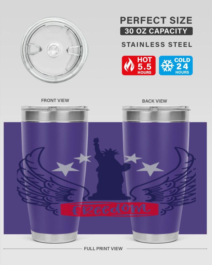 Freedom Style 150# Tumbler featuring a patriotic design, double wall vacuum insulation, and a press-in lid, perfect for hot and cold beverages.