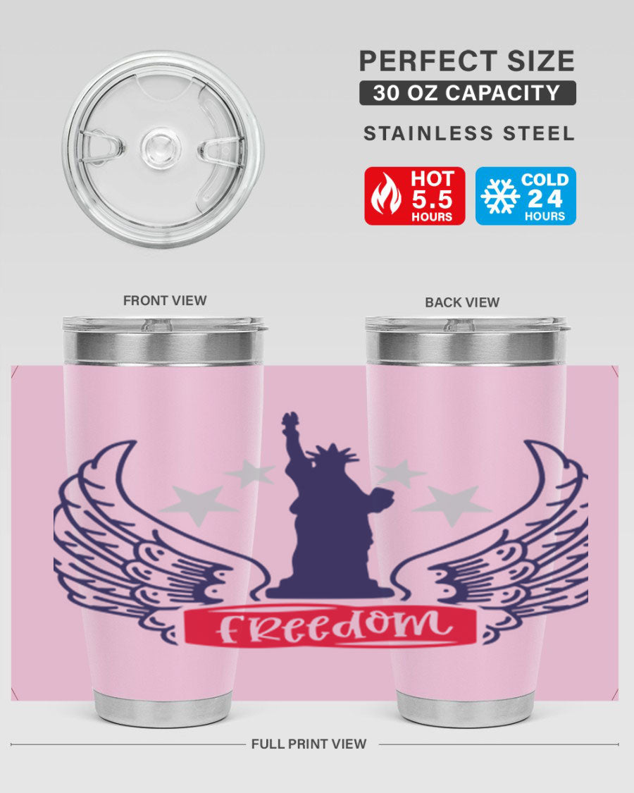 Freedom Style 150# Tumbler featuring a patriotic design, double wall vacuum insulation, and a press-in lid, perfect for hot and cold beverages.