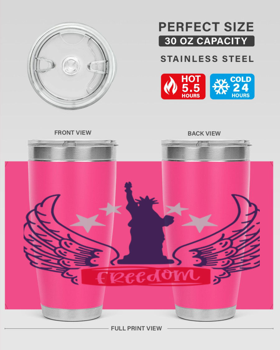 Freedom Style 150# Tumbler featuring a patriotic design, double wall vacuum insulation, and a press-in lid, perfect for hot and cold beverages.