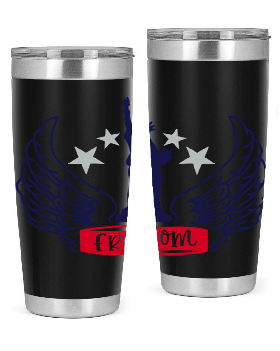 Freedom Style 150# Tumbler featuring a patriotic design, double wall vacuum insulation, and a press-in lid, perfect for hot and cold beverages.