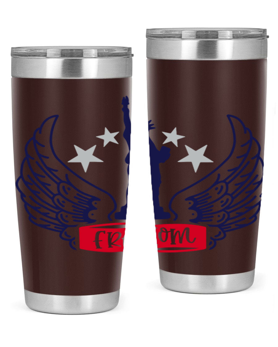 Freedom Style 150# Tumbler featuring a patriotic design, double wall vacuum insulation, and a press-in lid, perfect for hot and cold beverages.