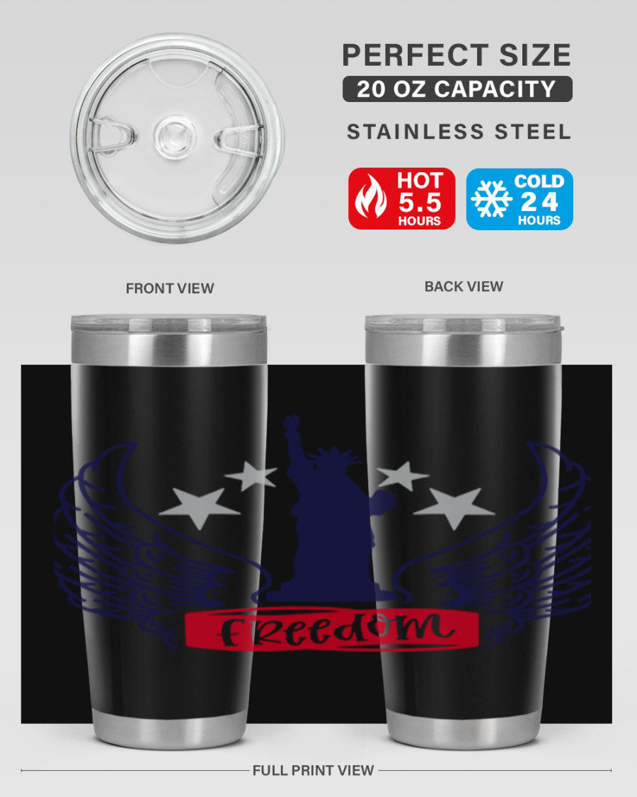 Freedom Style 150# Tumbler featuring a patriotic design, double wall vacuum insulation, and a press-in lid, perfect for hot and cold beverages.