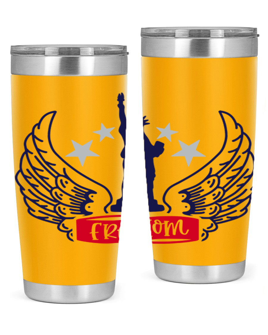 Freedom Style 150# Tumbler featuring a patriotic design, double wall vacuum insulation, and a press-in lid, perfect for hot and cold beverages.