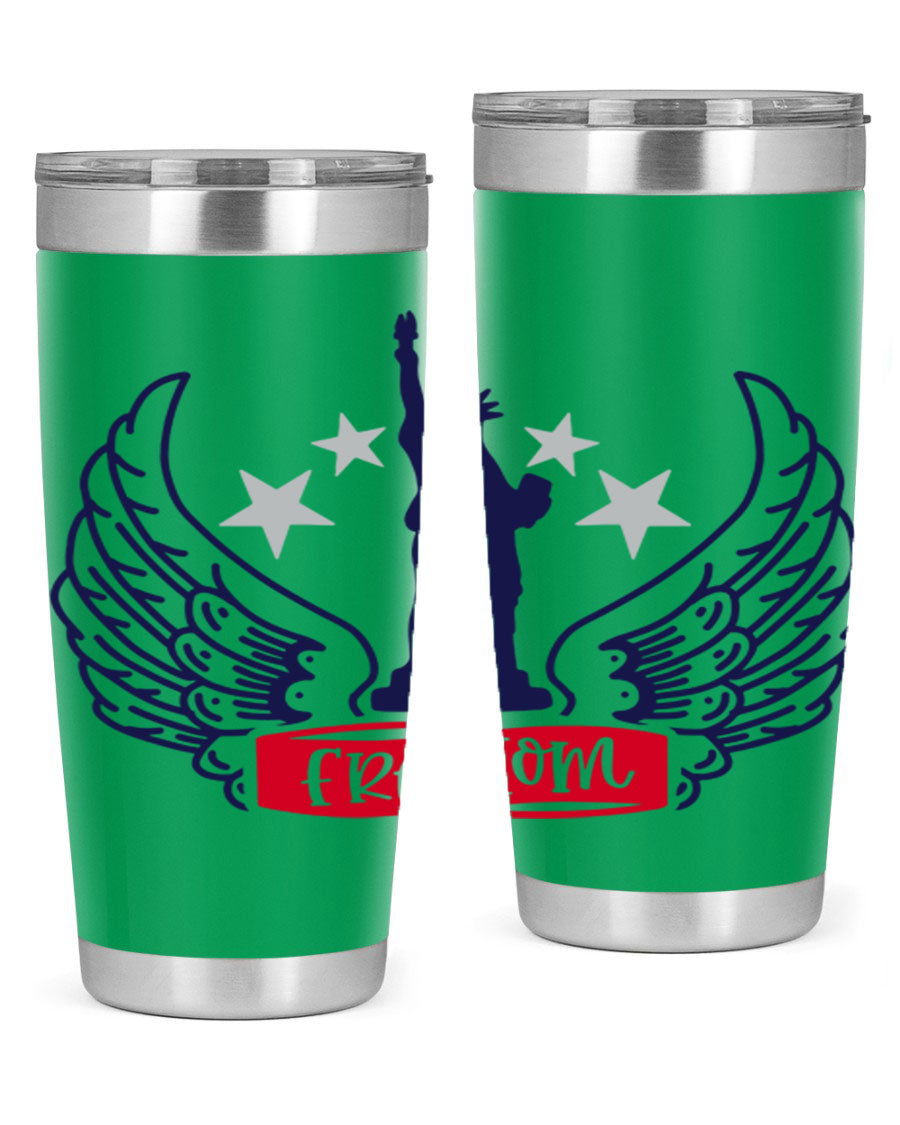Freedom Style 150# Tumbler featuring a patriotic design, double wall vacuum insulation, and a press-in lid, perfect for hot and cold beverages.