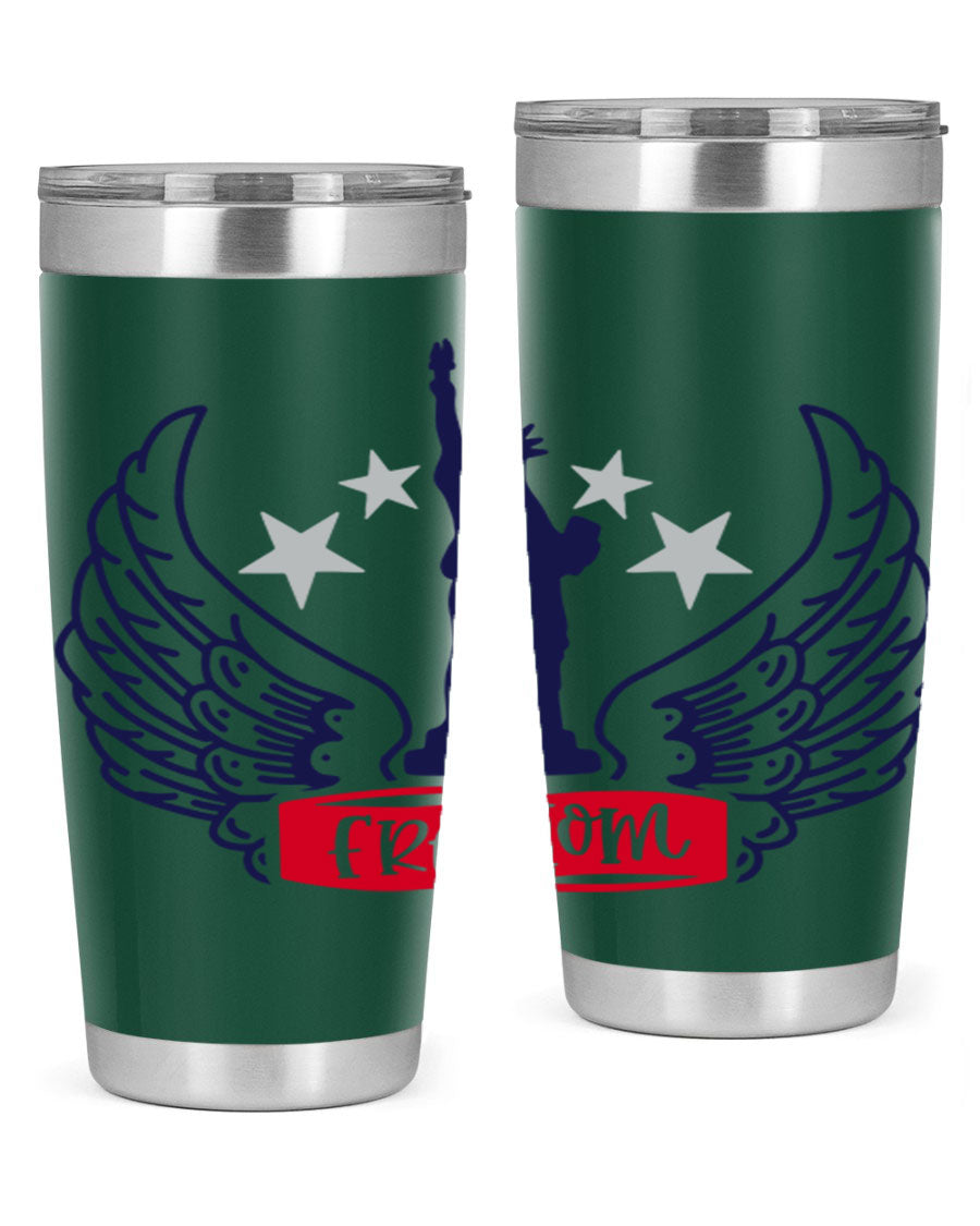 Freedom Style 150# Tumbler featuring a patriotic design, double wall vacuum insulation, and a press-in lid, perfect for hot and cold beverages.