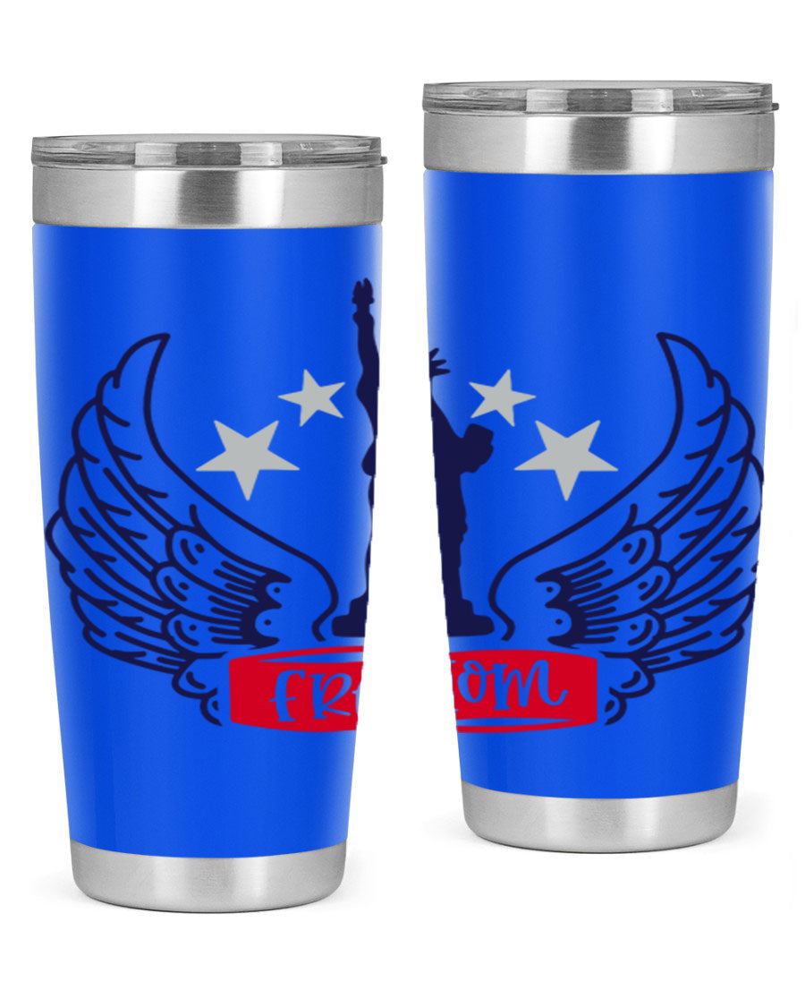 Freedom Style 150# Tumbler featuring a patriotic design, double wall vacuum insulation, and a press-in lid, perfect for hot and cold beverages.