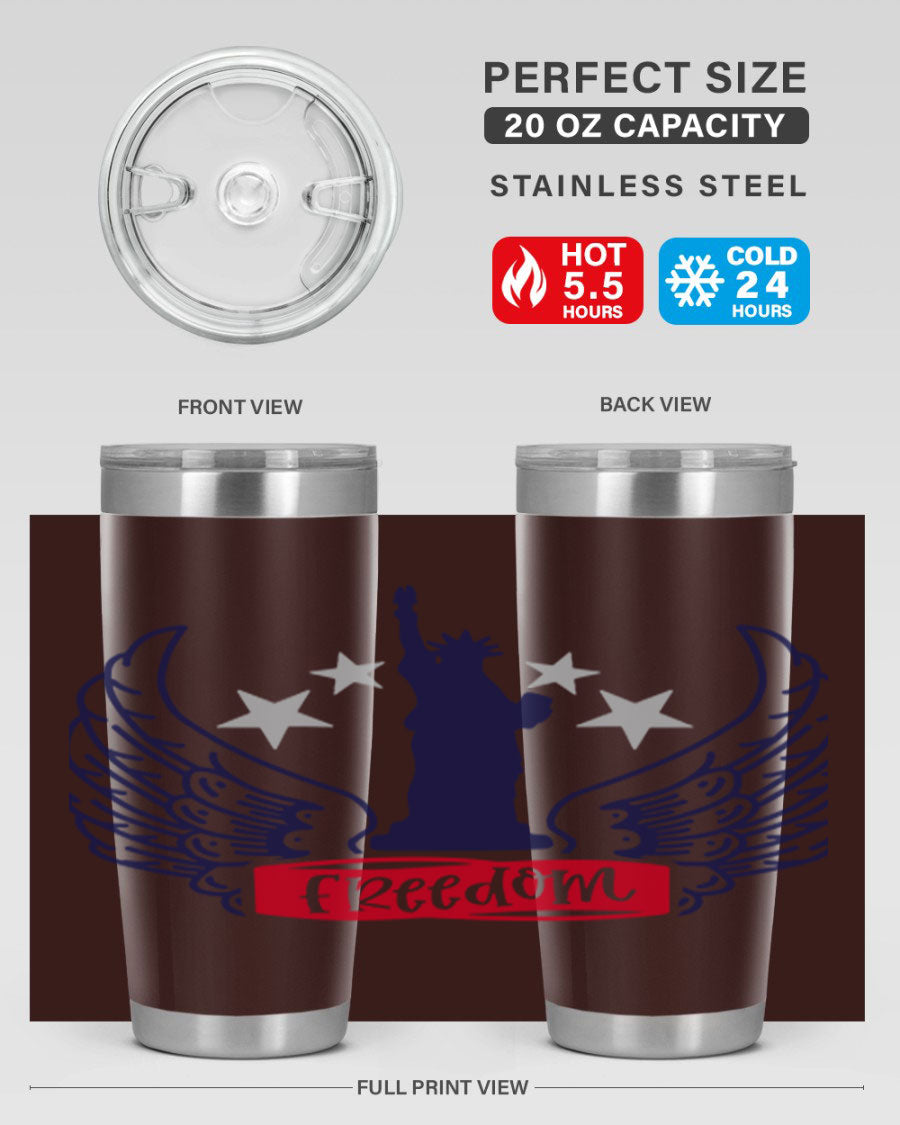 Freedom Style 150# Tumbler featuring a patriotic design, double wall vacuum insulation, and a press-in lid, perfect for hot and cold beverages.