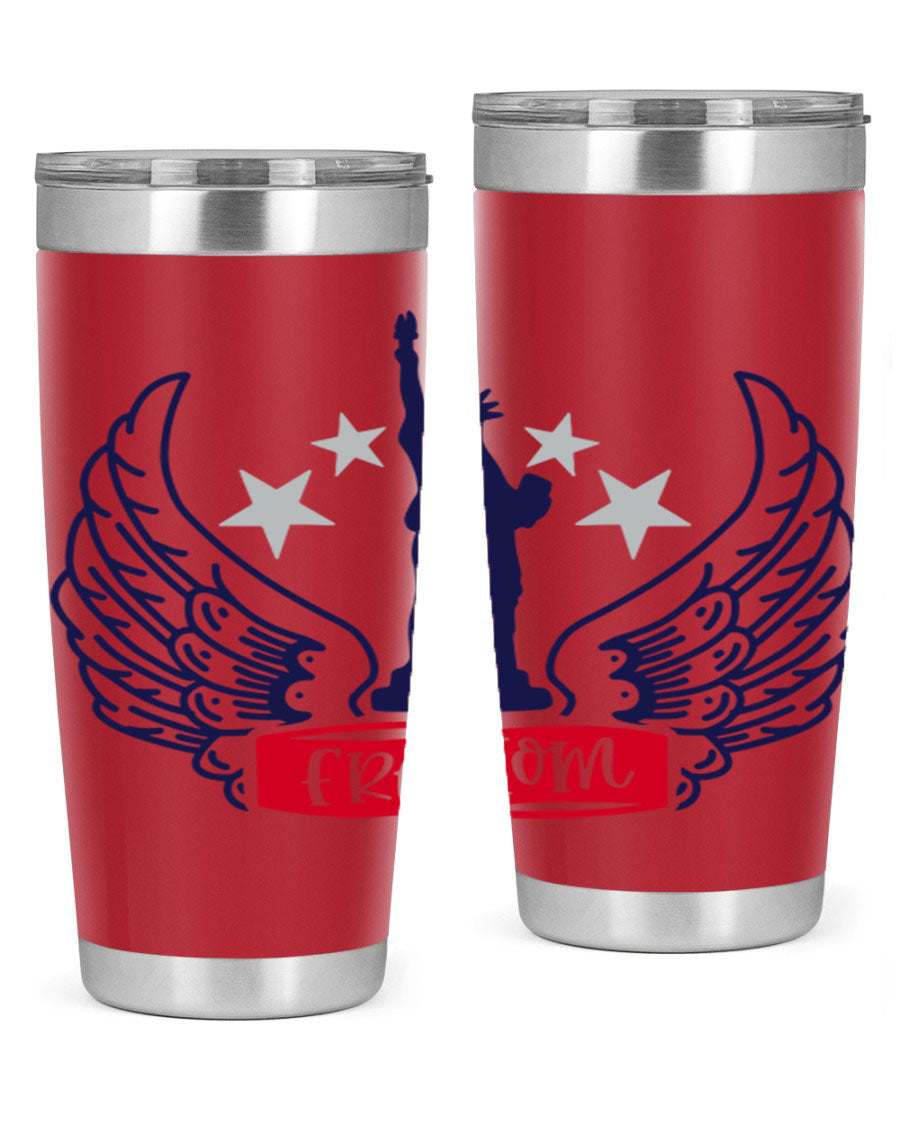Freedom Style 150# Tumbler featuring a patriotic design, double wall vacuum insulation, and a press-in lid, perfect for hot and cold beverages.
