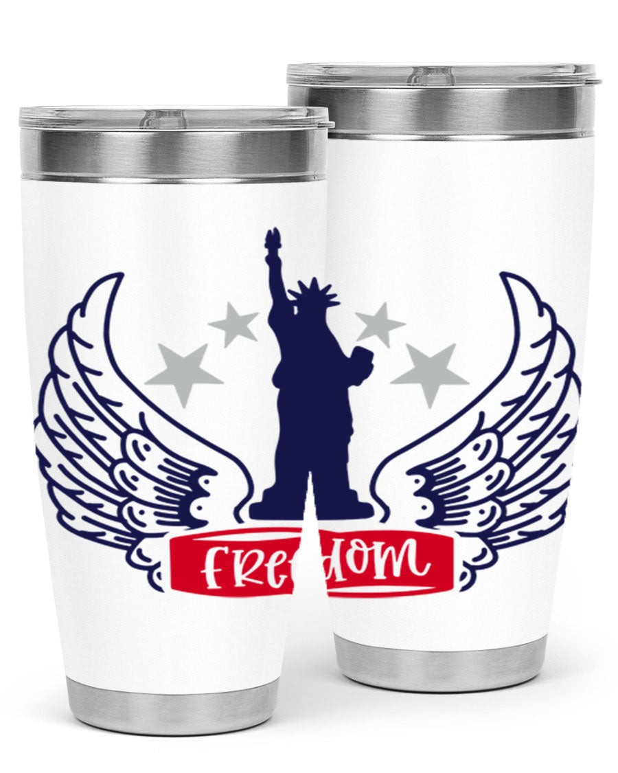 Freedom Style 150# Tumbler featuring a patriotic design, double wall vacuum insulation, and a press-in lid, perfect for hot and cold beverages.