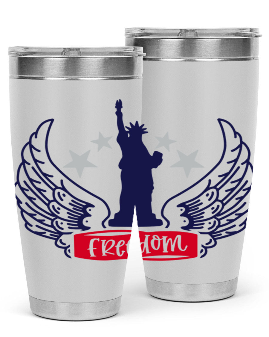 Freedom Style 150# Tumbler featuring a patriotic design, double wall vacuum insulation, and a press-in lid, perfect for hot and cold beverages.