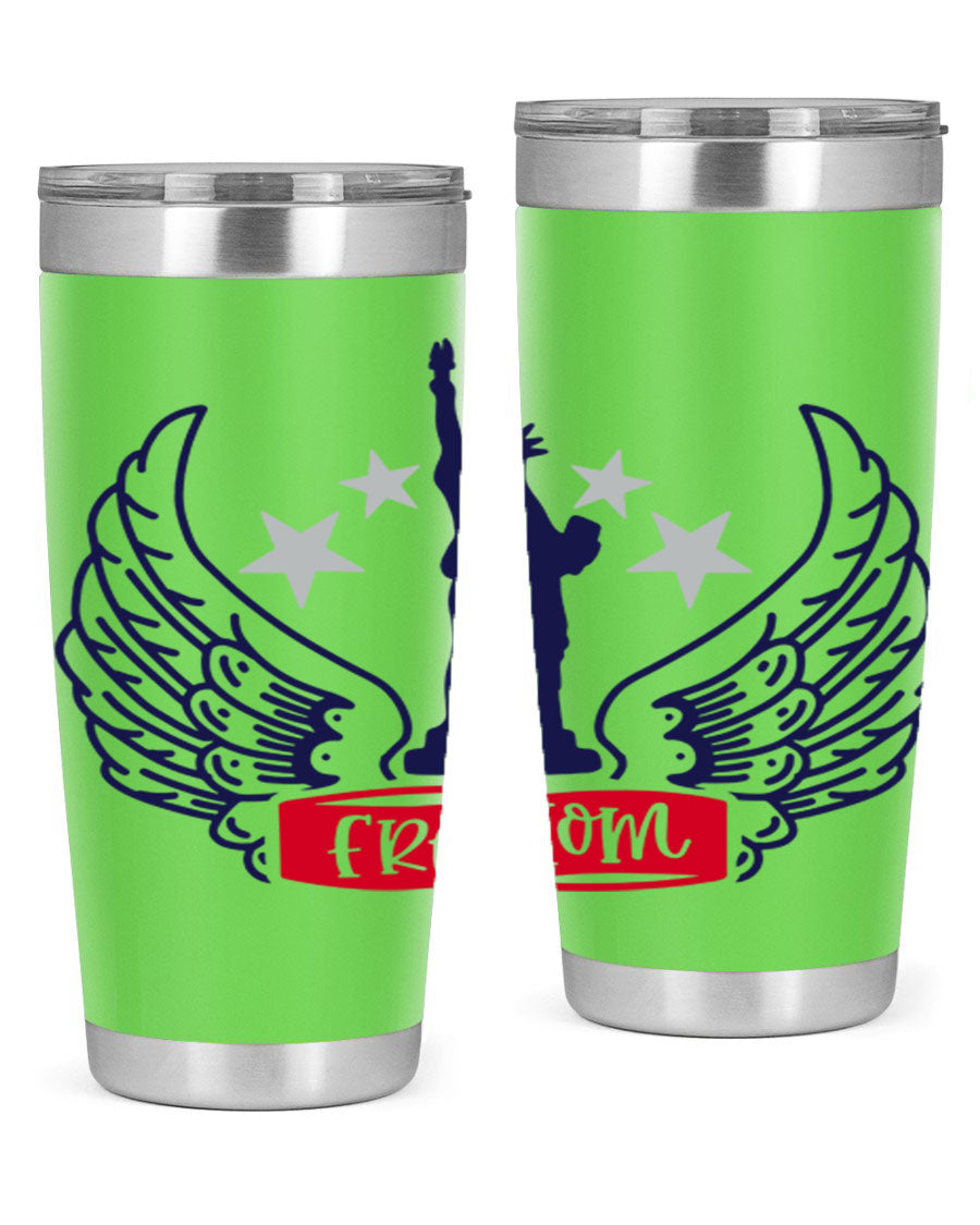 Freedom Style 150# Tumbler featuring a patriotic design, double wall vacuum insulation, and a press-in lid, perfect for hot and cold beverages.