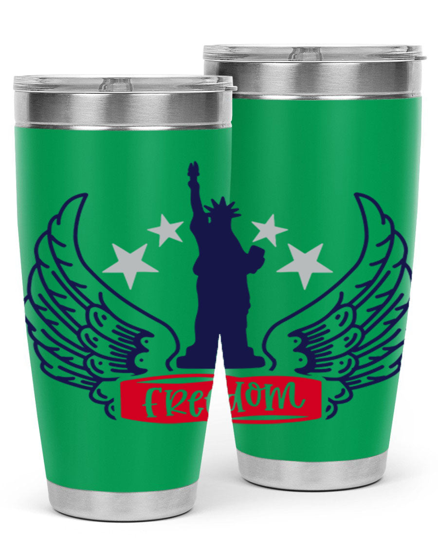 Freedom Style 150# Tumbler featuring a patriotic design, double wall vacuum insulation, and a press-in lid, perfect for hot and cold beverages.