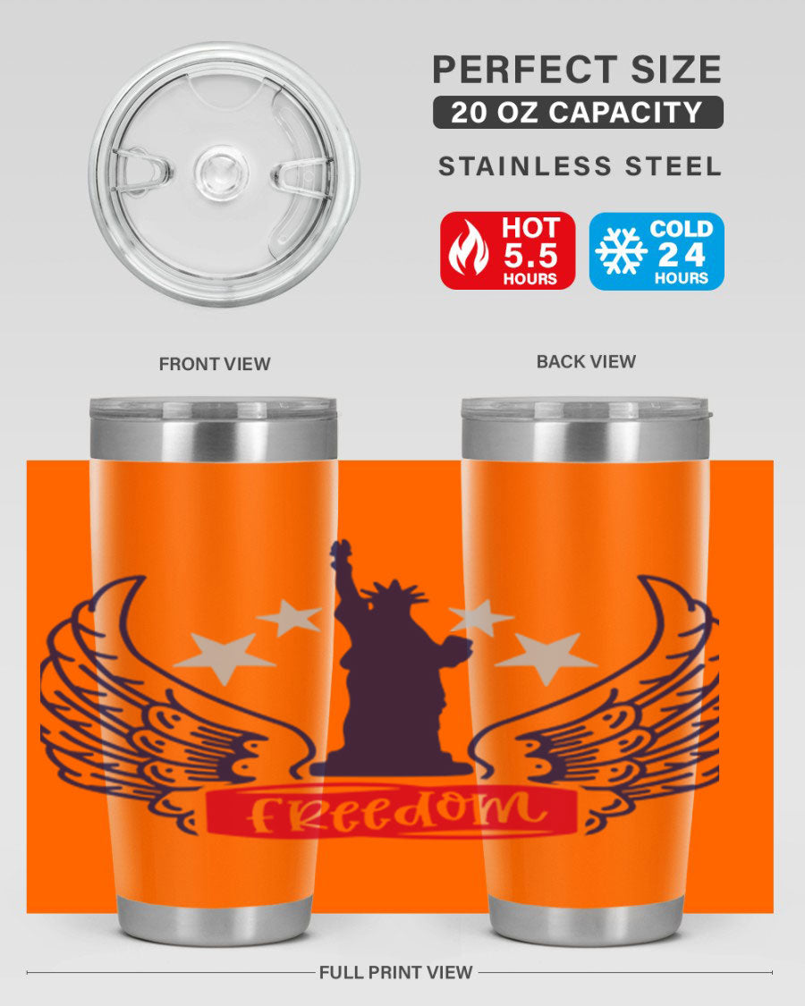 Freedom Style 150# Tumbler featuring a patriotic design, double wall vacuum insulation, and a press-in lid, perfect for hot and cold beverages.