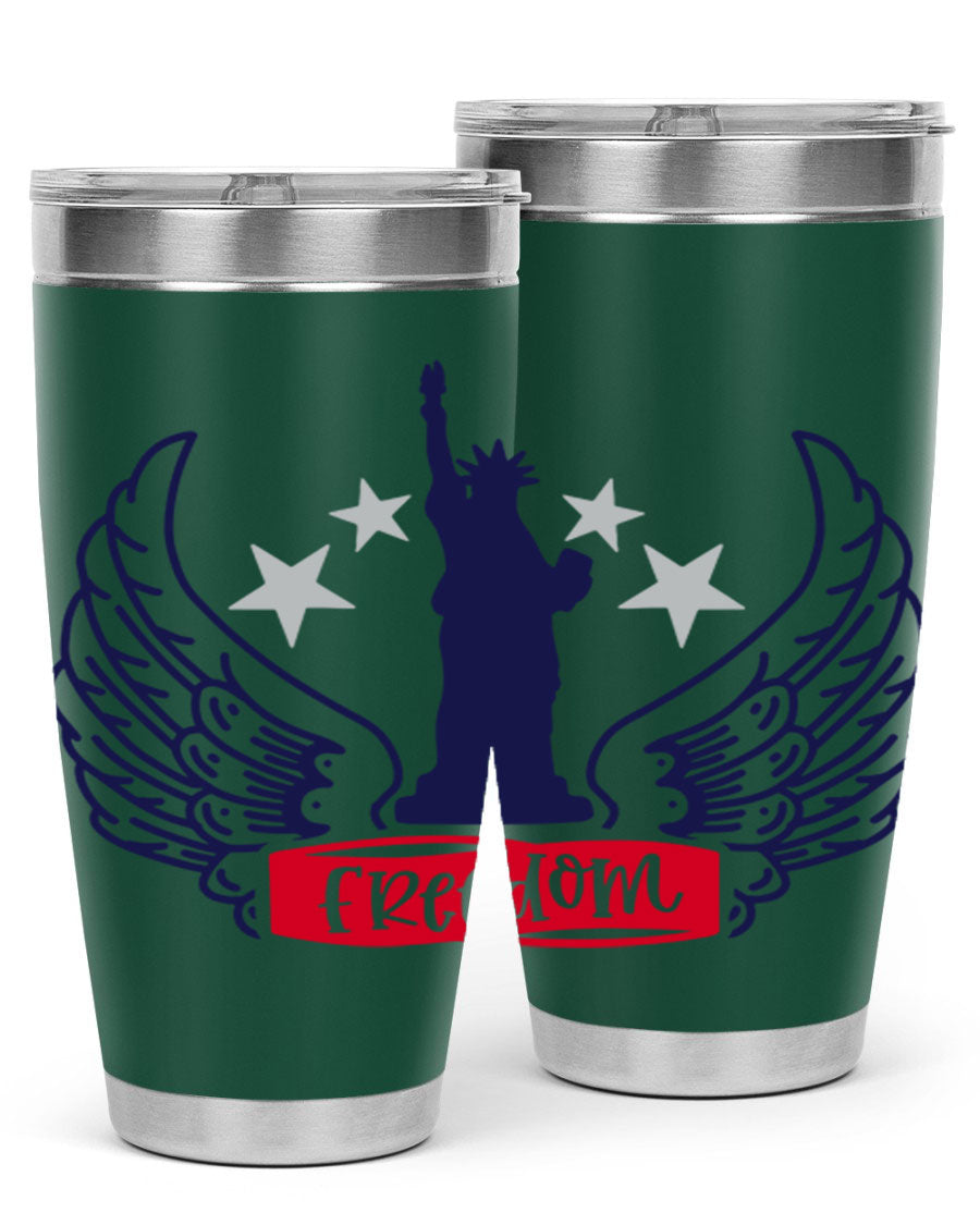 Freedom Style 150# Tumbler featuring a patriotic design, double wall vacuum insulation, and a press-in lid, perfect for hot and cold beverages.