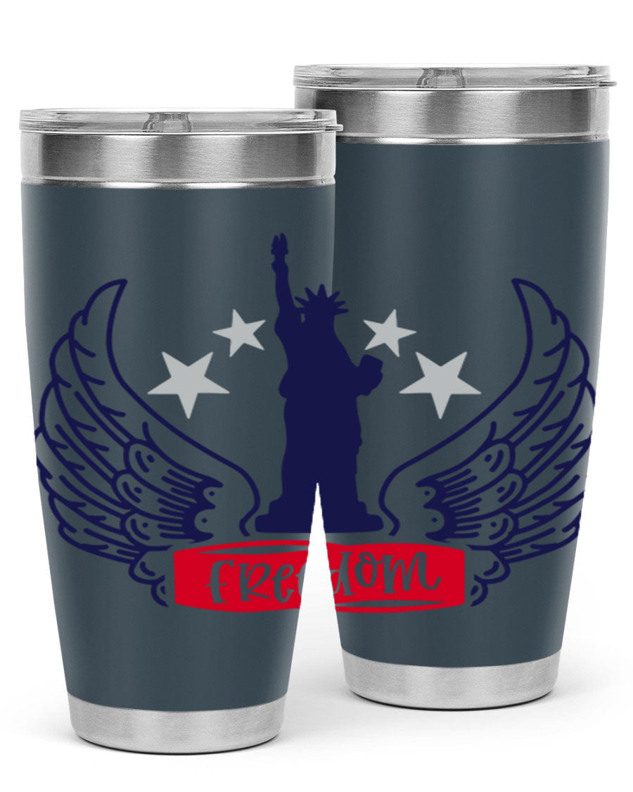 Freedom Style 150# Tumbler featuring a patriotic design, double wall vacuum insulation, and a press-in lid, perfect for hot and cold beverages.