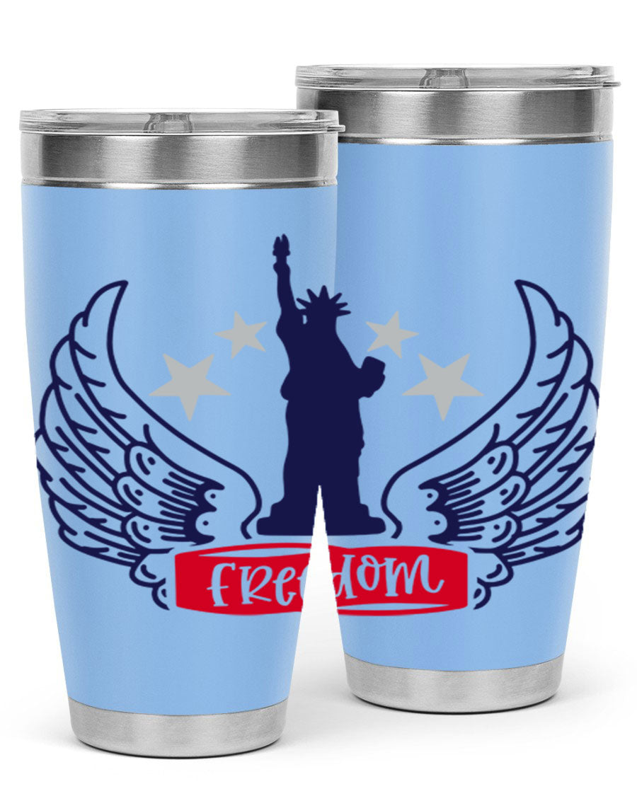 Freedom Style 150# Tumbler featuring a patriotic design, double wall vacuum insulation, and a press-in lid, perfect for hot and cold beverages.