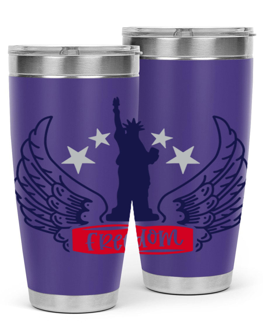 Freedom Style 150# Tumbler featuring a patriotic design, double wall vacuum insulation, and a press-in lid, perfect for hot and cold beverages.