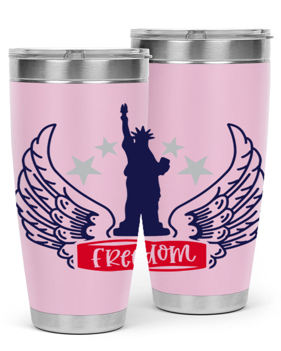 Freedom Style 150# Tumbler featuring a patriotic design, double wall vacuum insulation, and a press-in lid, perfect for hot and cold beverages.