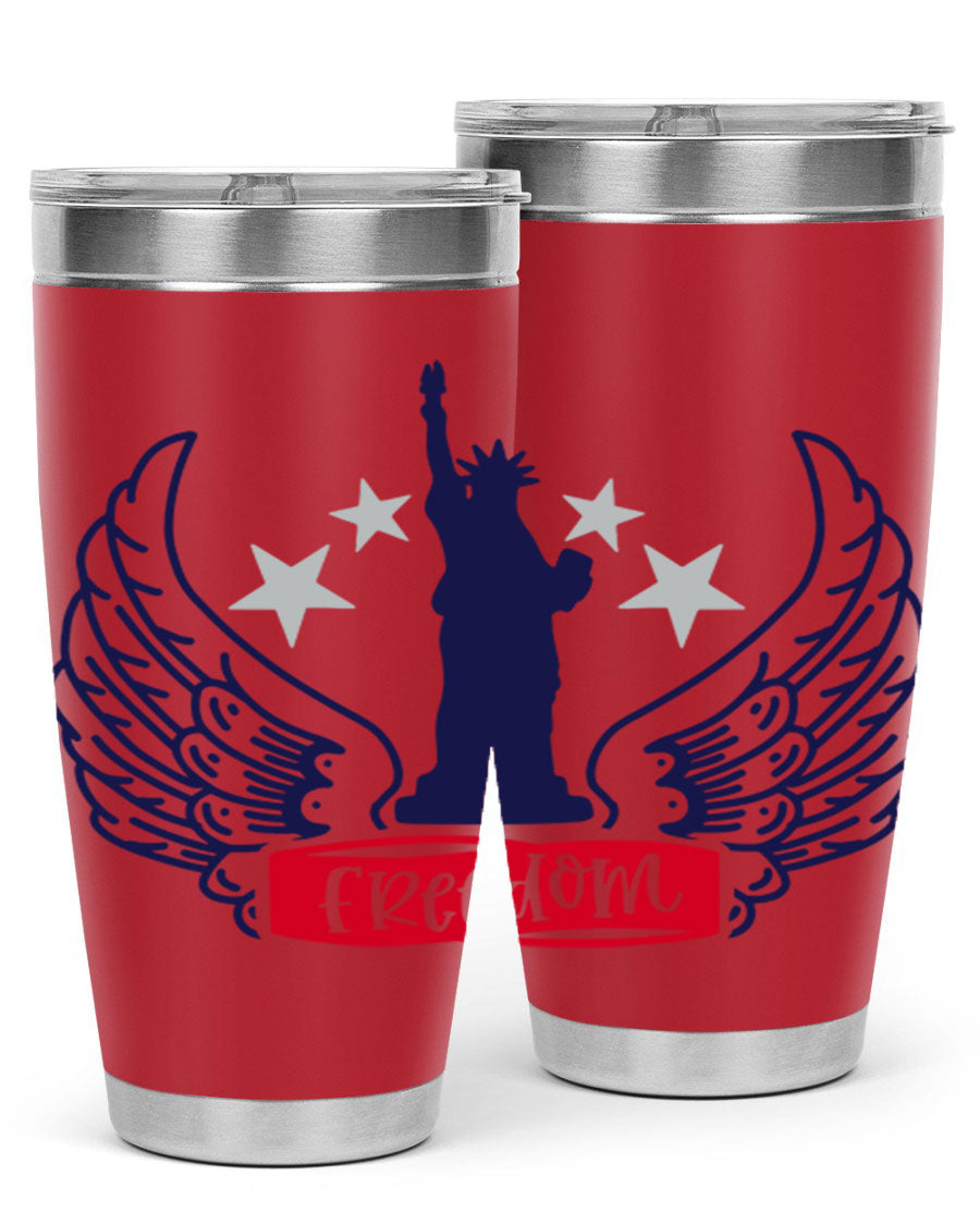 Freedom Style 150# Tumbler featuring a patriotic design, double wall vacuum insulation, and a press-in lid, perfect for hot and cold beverages.