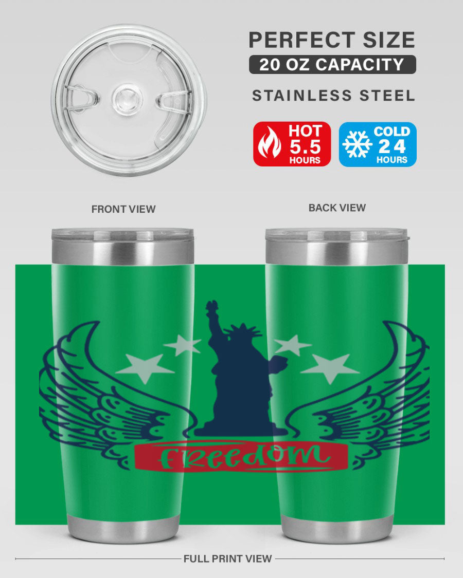 Freedom Style 150# Tumbler featuring a patriotic design, double wall vacuum insulation, and a press-in lid, perfect for hot and cold beverages.