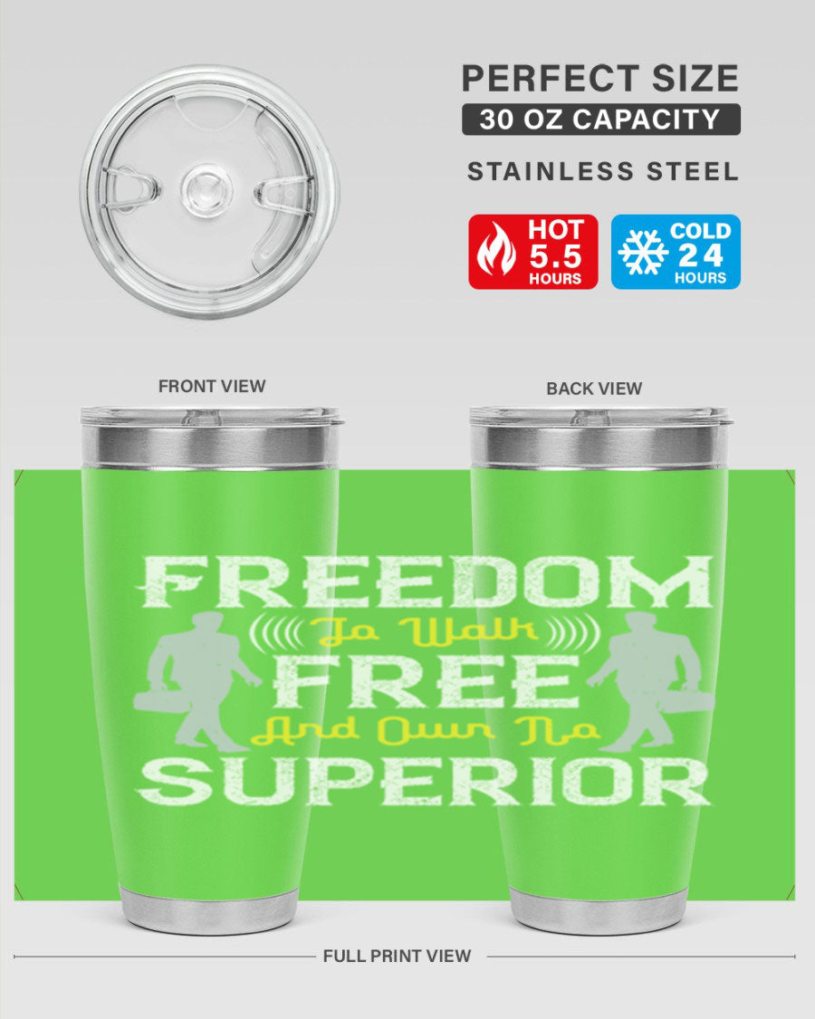 Freedom to walk free and own no superior 87# Walking Tumbler in stainless steel with a sleek design and drink-thru lid.