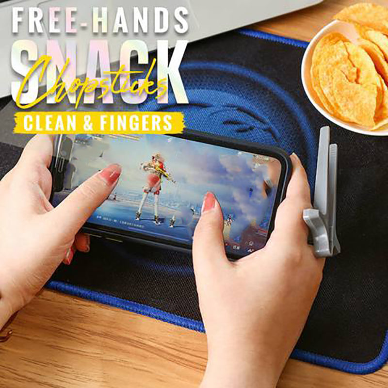 A pair of colorful Free-Hands Snack Chopsticks designed for hands-free snacking, showcasing their unique finger holes and durable plastic material.