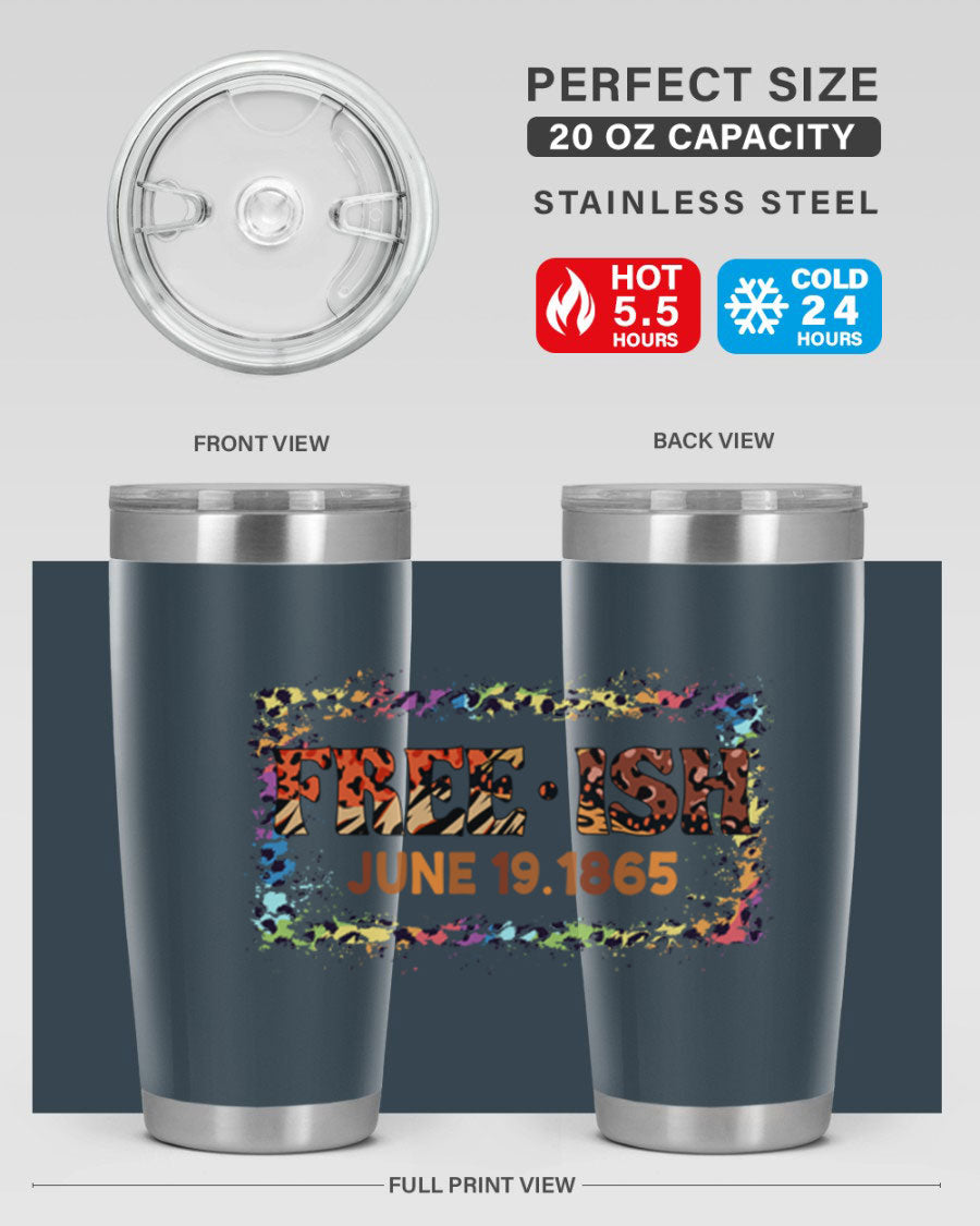 FreeIsh June 1865 Juneteenth tumbler in stainless steel, showcasing its sleek design and vibrant print.